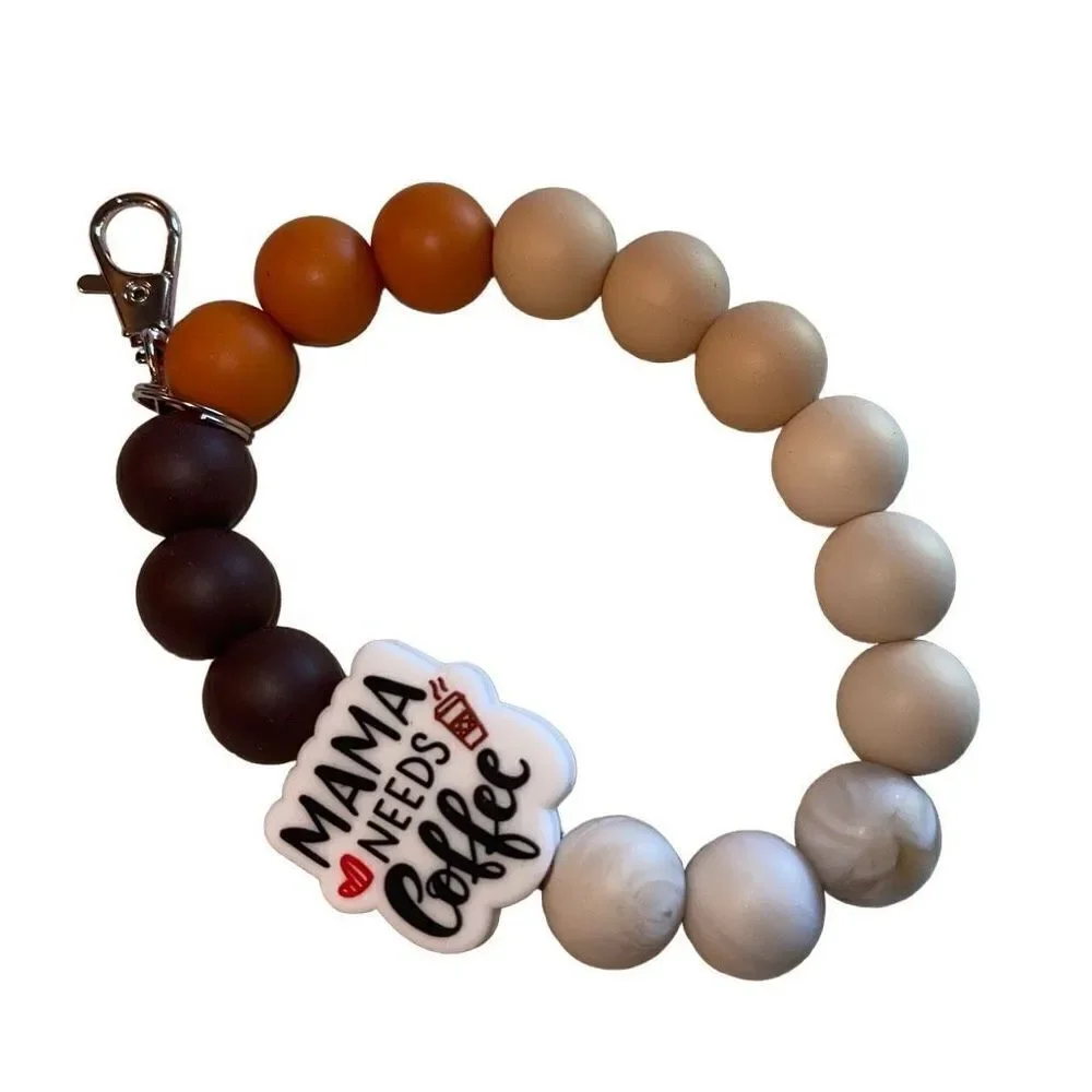 Keychain bracelet wristlet silicone beaded Mama Needs Coffee NEW handmade clasp